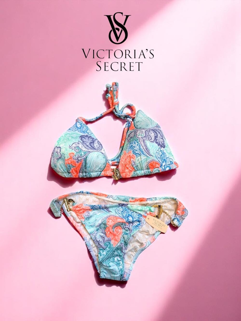 NWT Victoria’s Secret Bikini Set S Paisley Gold Trim